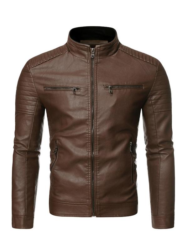 Men's Solid Pocket Zipper Faux Leather Jacket, Regular Fit Casual Long Sleeve Mock Neck Outerwear for Fall & Winter, Men's Clothes for Daily Wear