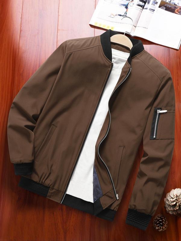 Men's Colorblock Zip Up Pocket Bomber Jacket, Casual Long Sleeve Stand Collar Windproof Outerwear for Spring & Fall, Men's Clothing, Men's Clothes for Daily Wear Bomber Jacket Coat