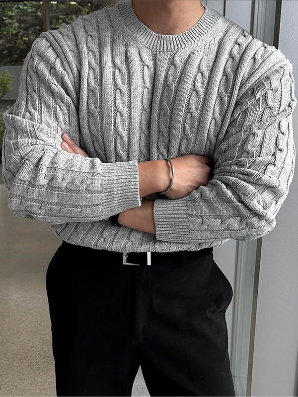 Men's Solid Cable Knit Round Neck Sweater, Regular Fit Casual Long Sleeve  Jumper for Fall & Winter, Fashion Men's Knitwear for Daily Wear