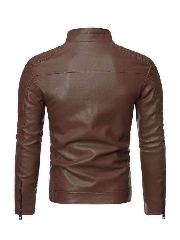 Men's Solid Pocket Zipper Faux Leather Jacket, Regular Fit Casual Long Sleeve Mock Neck Outerwear for Fall & Winter, Men's Clothes for Daily Wear