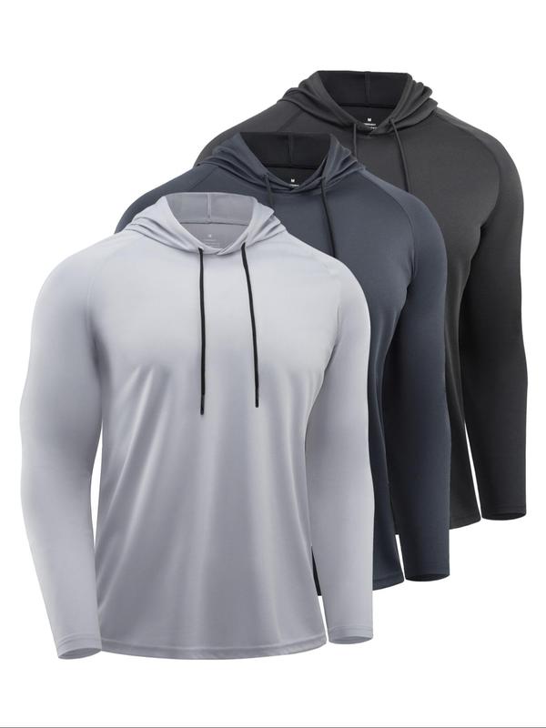 Men's Solid Long Sleeve Drawstring Hoodie Tee, Casual Sporty Hooded Sweatshirt for Running Gym Workout, Men's Sport & Outdoor Clothing for Spring & Fall