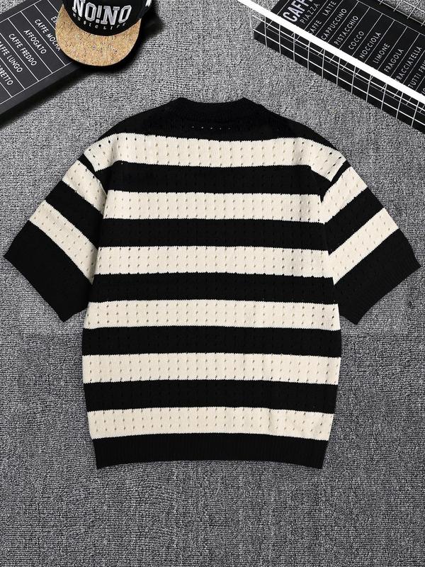 Men's Colorblock Striped Print Drop Shoulder Knit Top, Loose Casual Hollow Out Half Sleeve Round Neck Knitwear for Spring & Fall, Fashion Men's Knit Clothing for Daily Wear