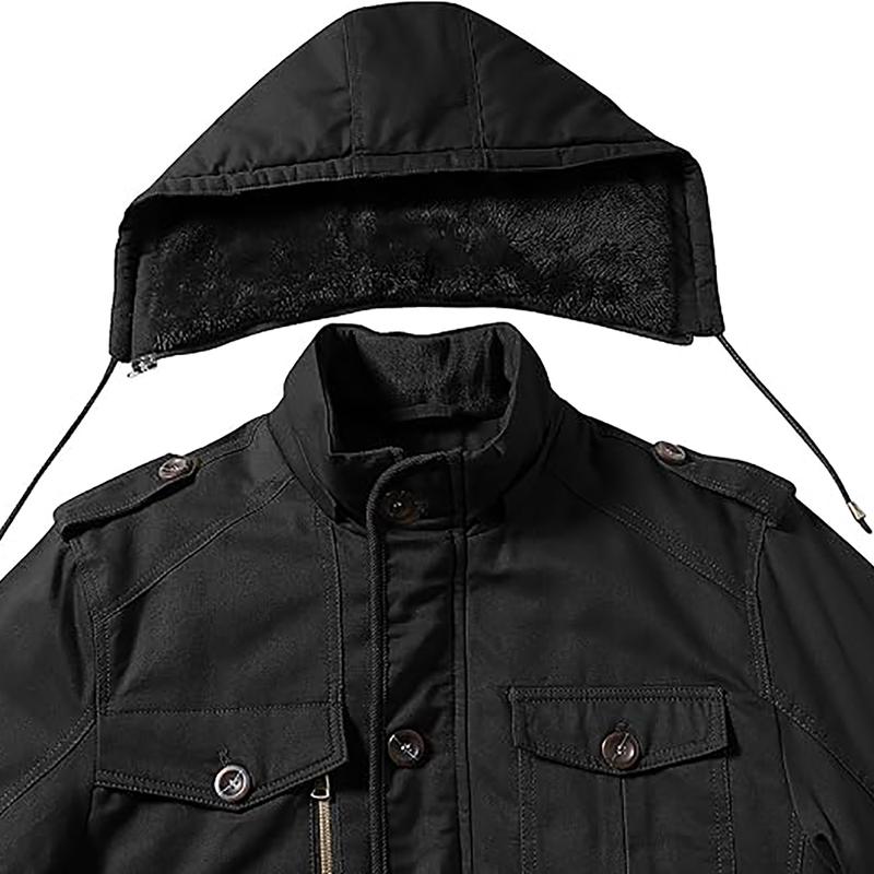 Men's Winter Jackets with Removable Hood Fleece Lined Cotton Military Work Jackets Outerwear Coats with Pockets,Jacket for Fall & Winter, Back To School Outfits, Drippy Outfits, Streetwear, Men Clothing, Men's Going Out Outfit for Daily Wear zip  up