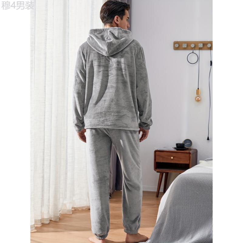 Men's Warm Cozy Fluffy Flannel Fleece Hooded Pajamas Set, Warm Fleece Pajamas With Fluffy Hood For Fall And Winter Fabric Loungewear