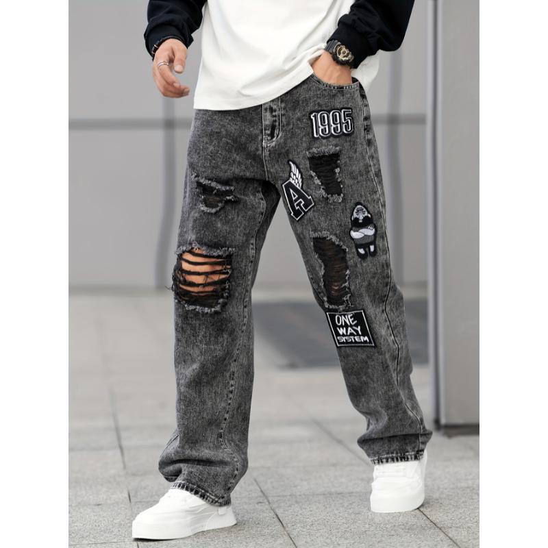 Stylish Comfy Denim Ripped Jeans - Men's Loose Fit Wide Leg Fashion Pants - Embroidered Design, Street Style Fashion, Soft Fabric, Comfortable Wear, Casual Daily Wear Menswear Underwear Viscose Trouser Streetwear Cotton Human Pocket