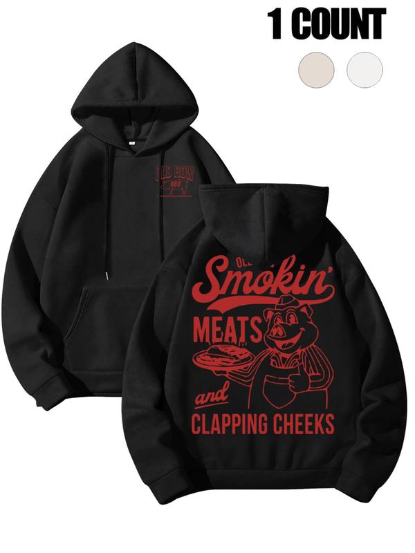 Men's Regular Fit Smoking Meat & Clapping Cheeks Print Hoodie, 1 Count Casual Comfy Hooded Sweatshirt for Daily Wear, Men's Clothes for Fall & Winter