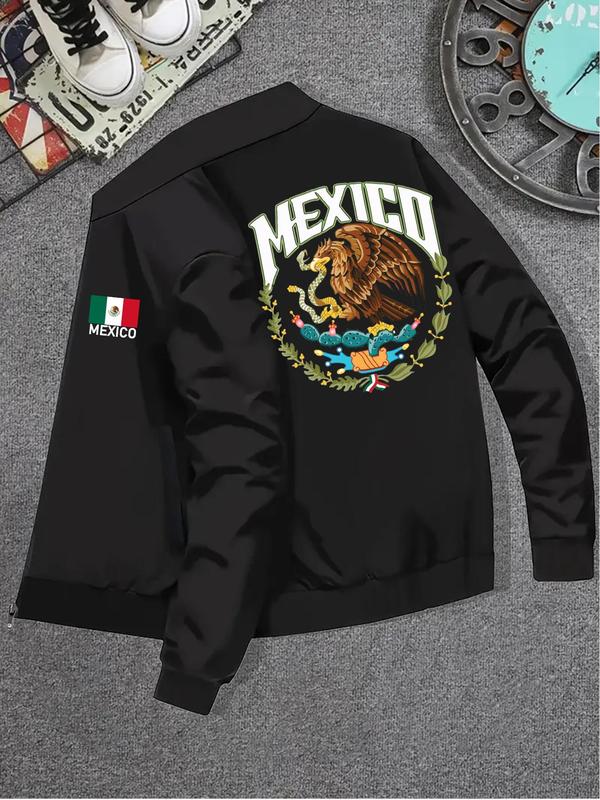 Men's Mexico Flag & Eagle Print Zip Up Bomber Jacket, Regular Fit Casual Long Sleeve Mock Neck Outerwear for Spring & Fall, Fashion Men's Clothes for Daily Wear