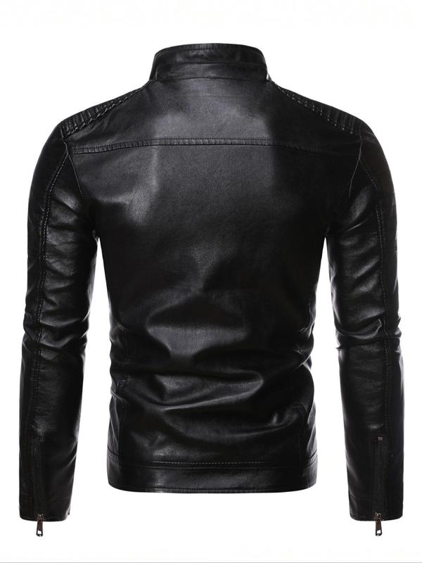 Men's Solid Pocket Zipper Faux Leather Jacket, Regular Fit Casual Long Sleeve Mock Neck Outerwear for Fall & Winter, Men's Clothes for Daily Wear