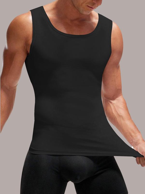 Men's Solid Round Neck Compression Shapewear Tank Top, High Stretch Tummy Control Shapewear Top, Double Hem Shaper for Men