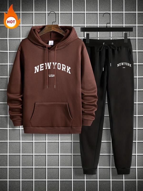 Men's Letter Print Pocket Hoodie & Drawstring Waist Sweatpants Set, Casual Long Sleeve Hooded Sweatshirt & Jogger Pants, Men's Fall & Winter Clothes