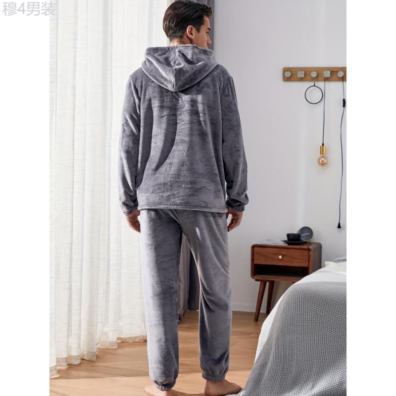 Men's Warm Cozy Fluffy Flannel Fleece Hooded Pajamas Set, Warm Fleece Pajamas With Fluffy Hood For Fall And Winter Fabric Loungewear