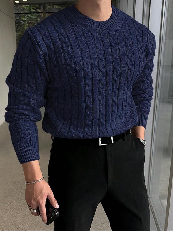 Men's Solid Cable Knit Round Neck Sweater, Regular Fit Casual Long Sleeve  Jumper for Fall & Winter, Fashion Men's Knitwear for Daily Wear