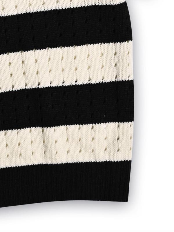 Men's Colorblock Striped Print Drop Shoulder Knit Top, Loose Casual Hollow Out Half Sleeve Round Neck Knitwear for Spring & Fall, Fashion Men's Knit Clothing for Daily Wear