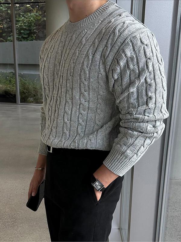 Men's Solid Cable Knit Round Neck Sweater, Regular Fit Casual Long Sleeve  Jumper for Fall & Winter, Fashion Men's Knitwear for Daily Wear