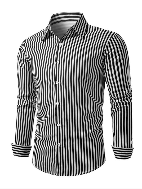 Men's Random Striped Print Button Front Shirt, Regular Fit Casual Long Sleeve Collared Top for Work Office Business, Men's Clothes for All Seasons