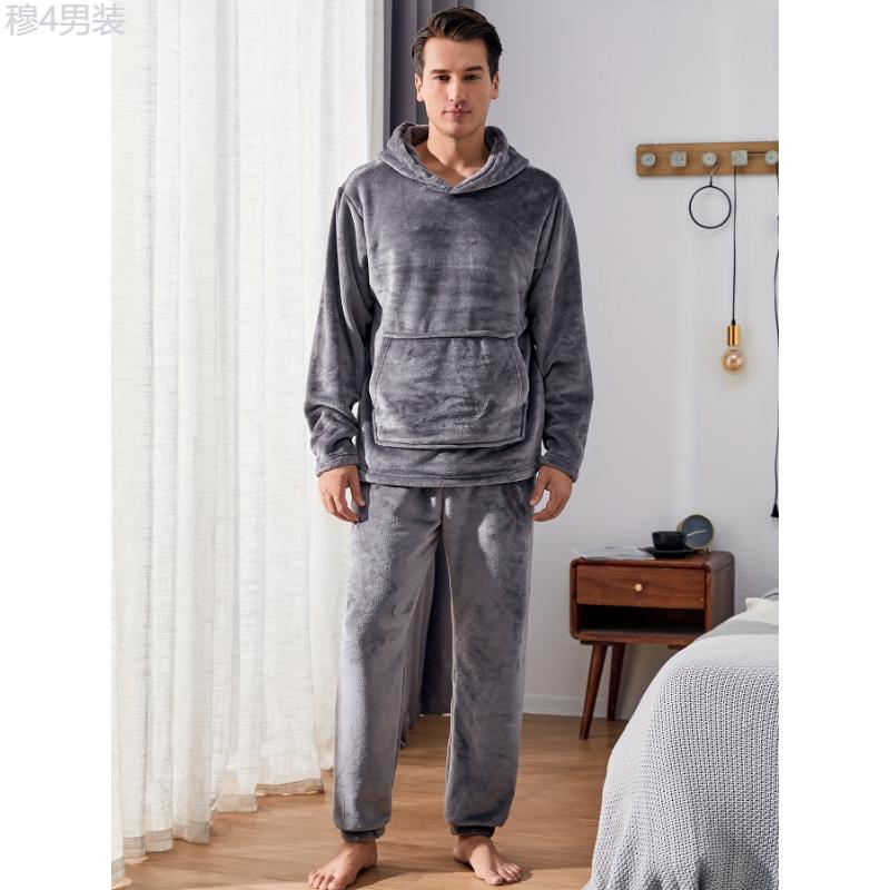 Men's Warm Cozy Fluffy Flannel Fleece Hooded Pajamas Set, Warm Fleece Pajamas With Fluffy Hood For Fall And Winter Fabric Loungewear