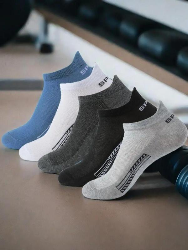 Men's 5 Pairs Letter Print Ankle Socks, Casual Comfortable Breathable Low Cut Socks for Daily Wear, Men Knitting Socks for All Seasons