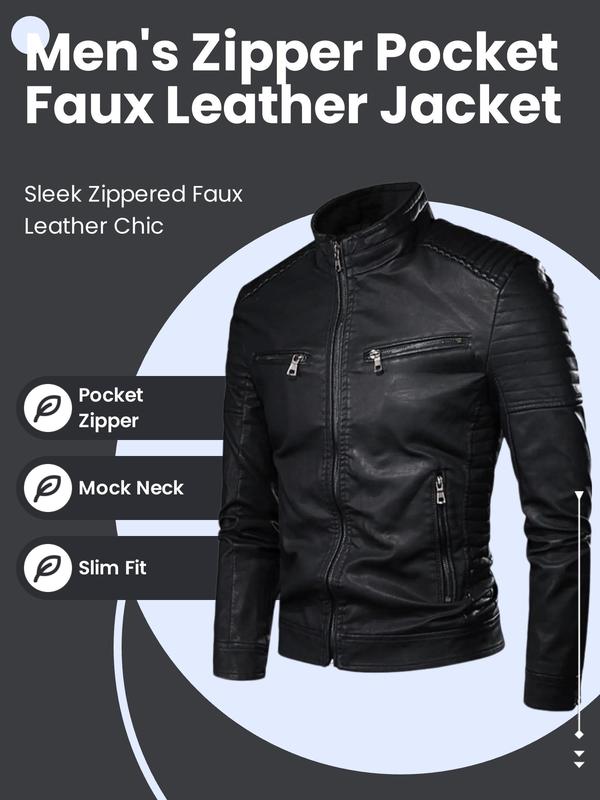 Men's Solid Pocket Zipper Faux Leather Jacket, Regular Fit Casual Long Sleeve Mock Neck Outerwear for Fall & Winter, Men's Clothes for Daily Wear