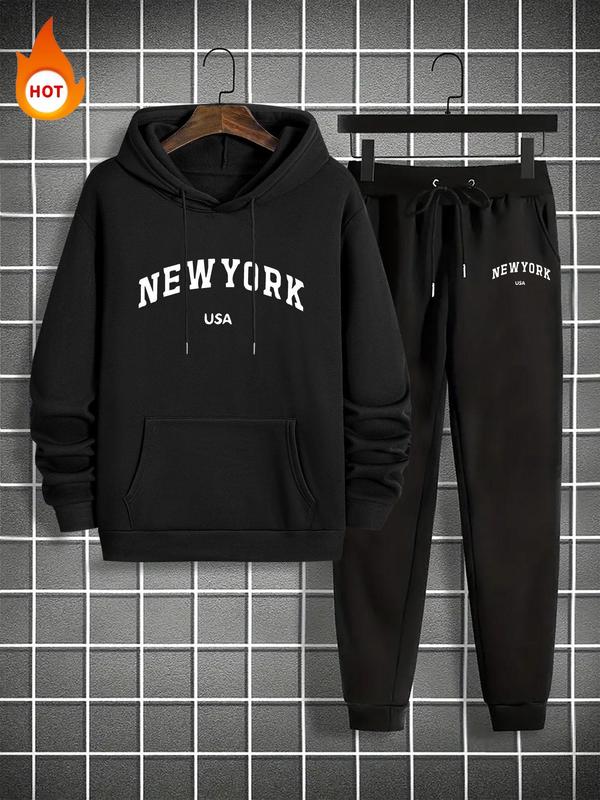 Men's Letter Print Pocket Hoodie & Drawstring Waist Sweatpants Set, Casual Long Sleeve Hooded Sweatshirt & Jogger Pants, Men's Fall & Winter Clothes