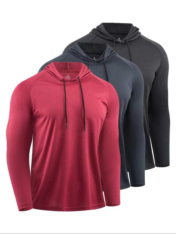 Men's Solid Long Sleeve Drawstring Hoodie Tee, Casual Sporty Hooded Sweatshirt for Running Gym Workout, Men's Sport & Outdoor Clothing for Spring & Fall