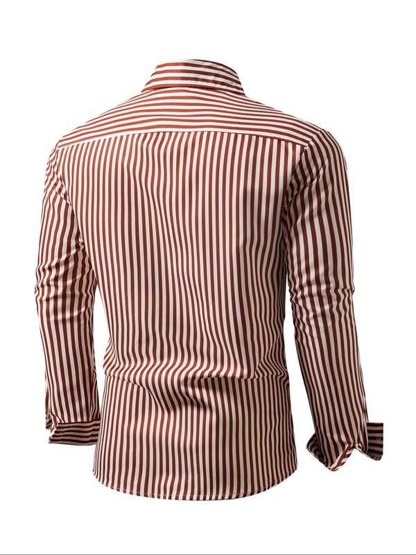 Men's Random Striped Print Button Front Shirt, Regular Fit Casual Long Sleeve Collared Top for Work Office Business, Men's Clothes for All Seasons