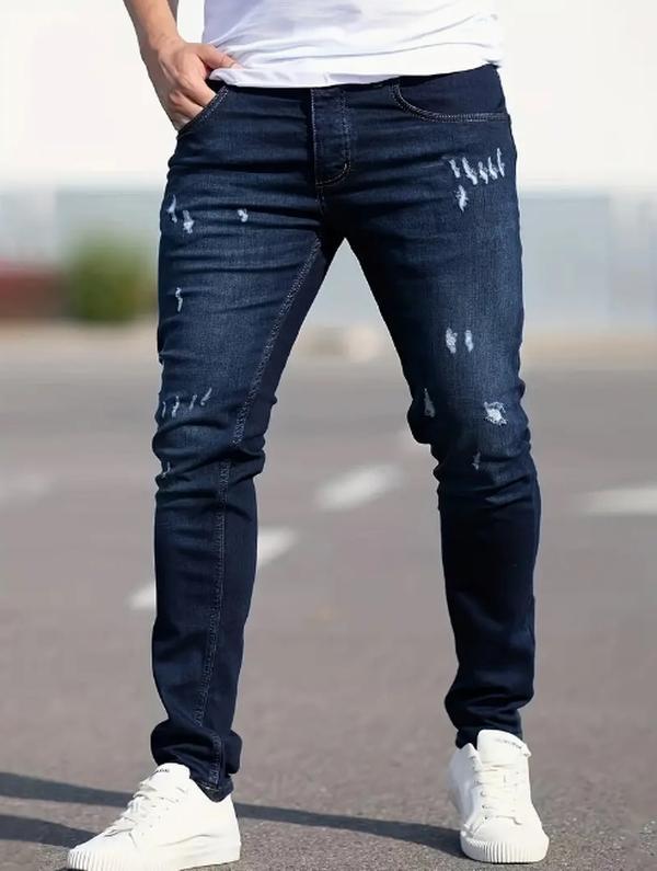 Slim Fit Ripped Jeans, Men's Casual Street Style Distressed Medium Stretch Denim Pants