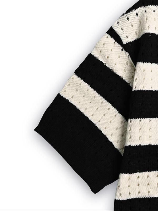 Men's Colorblock Striped Print Drop Shoulder Knit Top, Loose Casual Hollow Out Half Sleeve Round Neck Knitwear for Spring & Fall, Fashion Men's Knit Clothing for Daily Wear