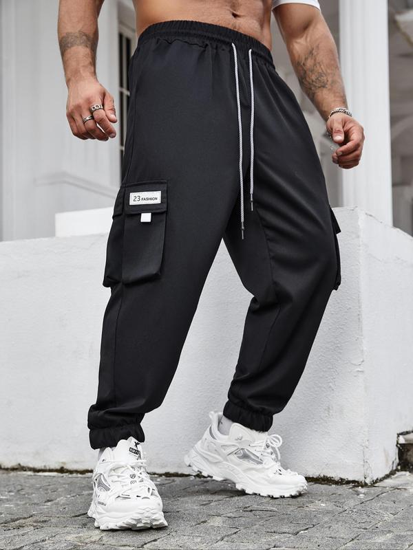 Men's Plus Size Regular Fit Solid Patched Drawstring Waist Cargo Pants, Casual Flap Pocket Elastic Waist Trousers, Men's Bottoms for All Seasons