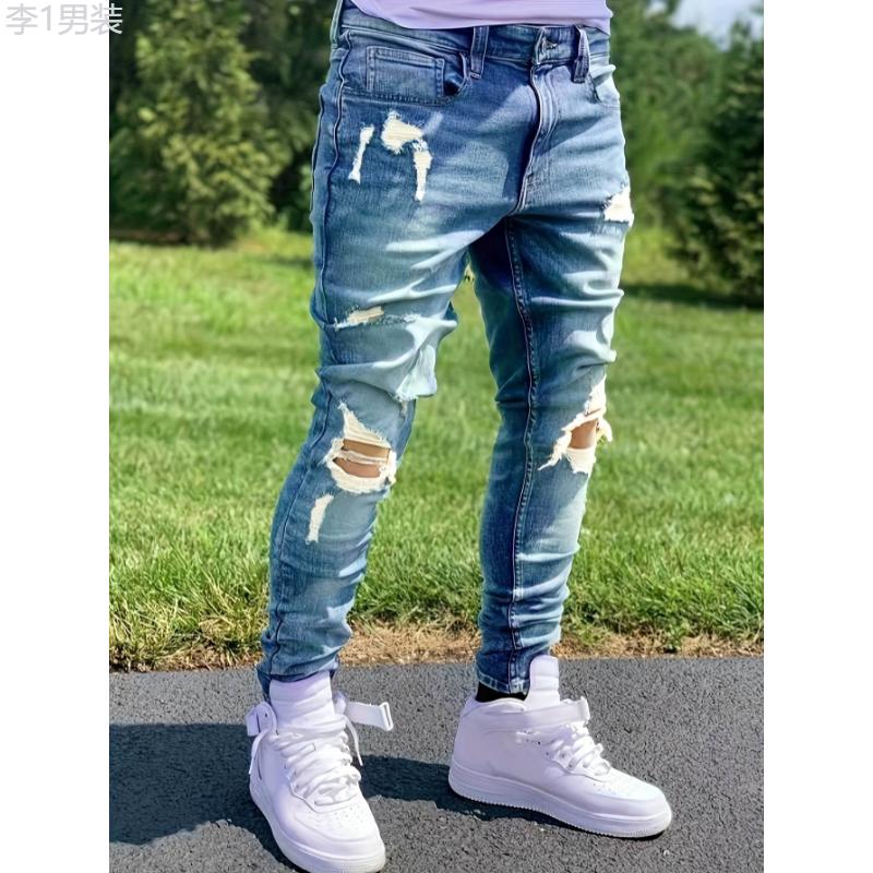 Premium Mens Ripped Jeans - Stretch Slim Fit, Fashionable Street Style, Comfortable Denim with Chic Rips for Urban Cool Look Menswear Underwear