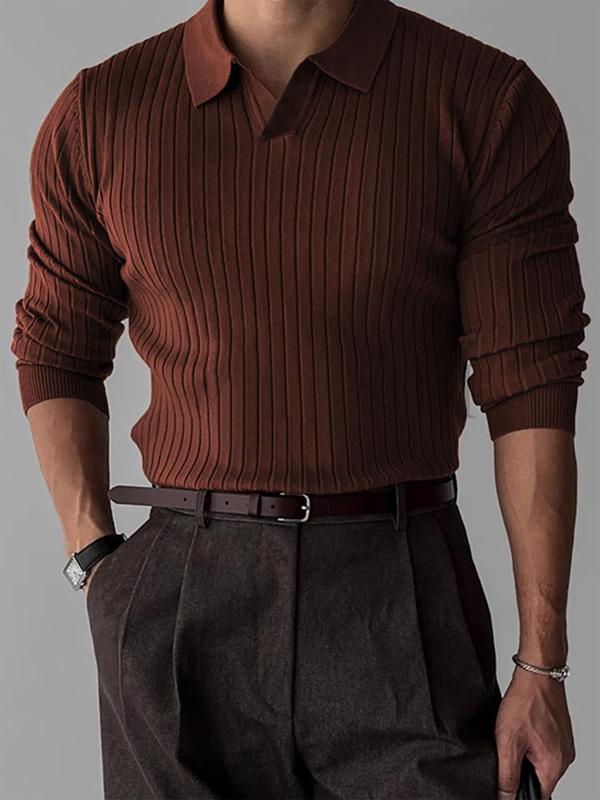 Men's Solid Color Ribbed Sweater Pullover, Slim Casual Long Sleeve Polo Top for Fall & Winter, Men's Clothes for Daily Wear