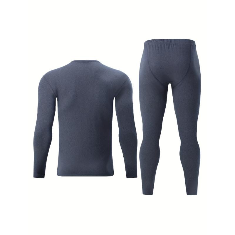 4pcs Men'S Thermal Underwear Set - Polyester Knit Base Layer with Long Sleeve Crew Neck Shirt and Pants for Autumn Winter - Solid Color, Regular Fit, Stretch Fabric