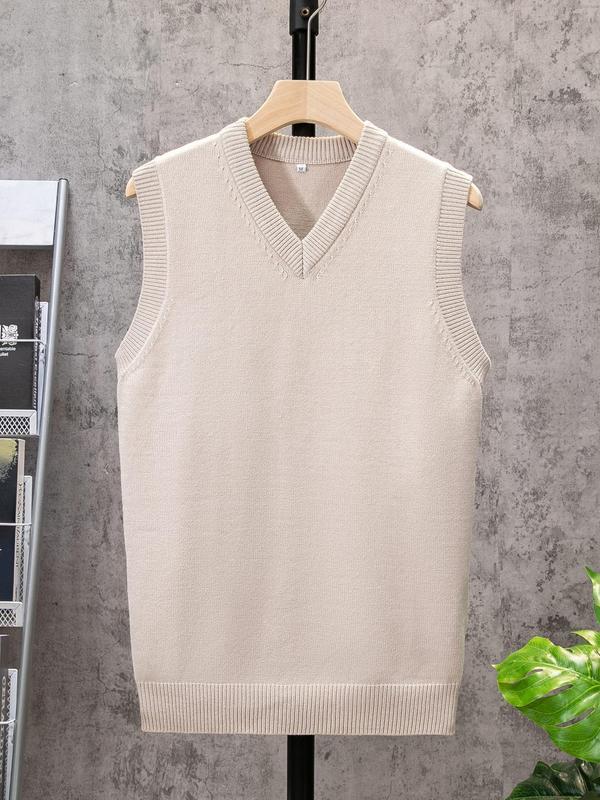 Men's Solid V Neck Sweater Vest, Regular Fit Casual Comfy Sleeveless Knit Top for Spring & Fall, Men's Knitwear for Daily Wear