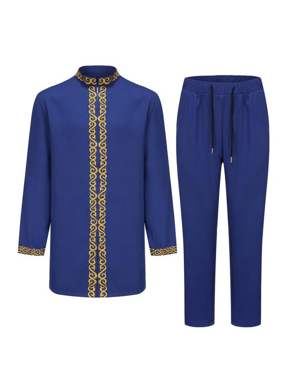 Men's Ethnic Pattern Embroidery Zipper Stand Collar Top & Pants Set, Traditional Long Sleeve Split Hem Top & Pants Set, Two-piece Outfits for Men 80s Fashion, Going Out Outfits