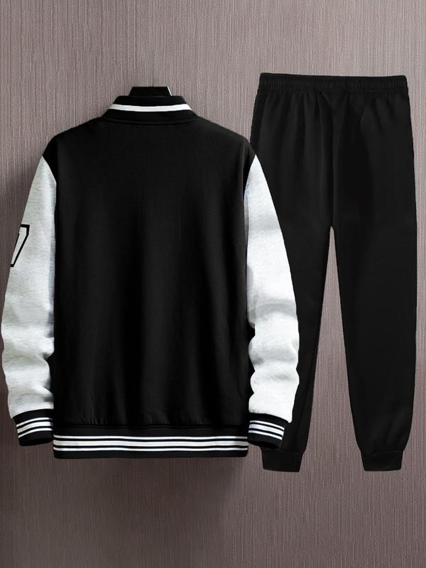 Men's Colorblock Letter Print Pocket Baseball Collar Jacket & Figure Print Drawstring Waist Sweatpants Two-piece Set, Regular Fit Casual Button Front Long Sleeve Outerwear & Pocket Jogger Pants for Daily Wear, Men's Two-piece Outfits for Fall & Winter