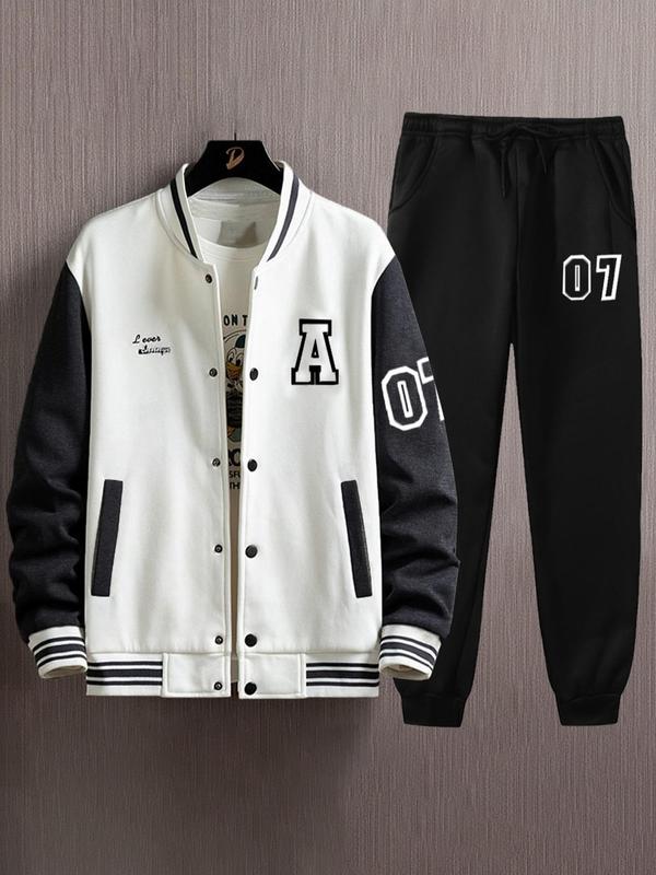 Men's Colorblock Letter Print Pocket Baseball Collar Jacket & Figure Print Drawstring Waist Sweatpants Two-piece Set, Regular Fit Casual Button Front Long Sleeve Outerwear & Pocket Jogger Pants for Daily Wear, Men's Two-piece Outfits for Fall & Winter