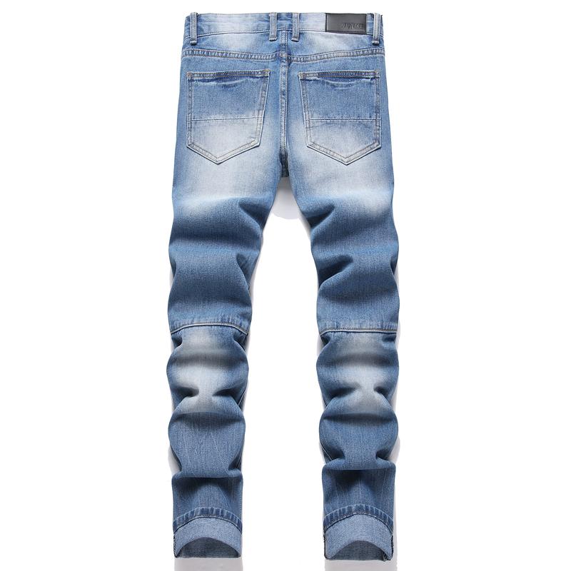 Men Crystal Holes Ripped Patchwork Jeans Streetwear Blue Denim Slim Skinny Pencil Pants Trousers