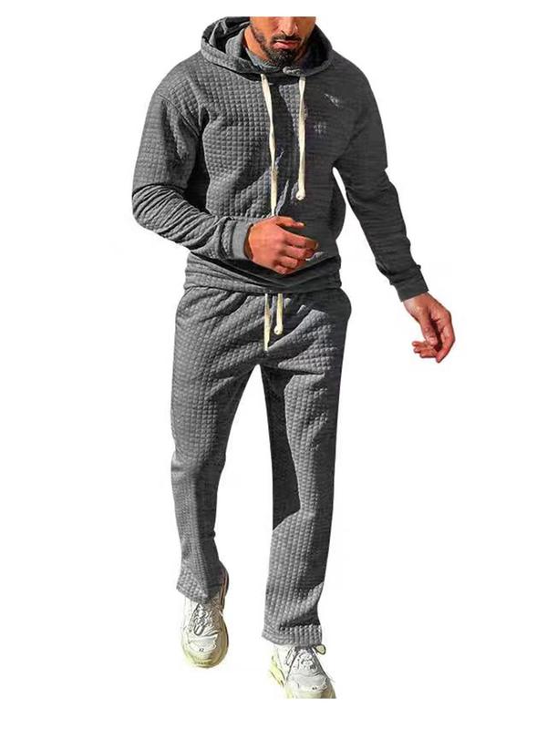 Men's Solid Long Sleeve Hoodie & Drawstring Waist Pants Two-piece Set, Casual Regular Fit Hooded Sweatshirt & Pocket Trousers, Men's Two-piece Outfits for Fall & Winter