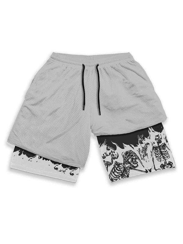 Summer Clothes Men's Back To School Punk Stylish Skeleton Print 2 in 1 Drawstring Waist Track Shorts, Summer Outfits, Mens Shorts, Mens Clothing, Shorts for Men, Casual Summer Shorts, Soft Men's Street Bottoms, Going Out Outfit, Plz Order A Size Up