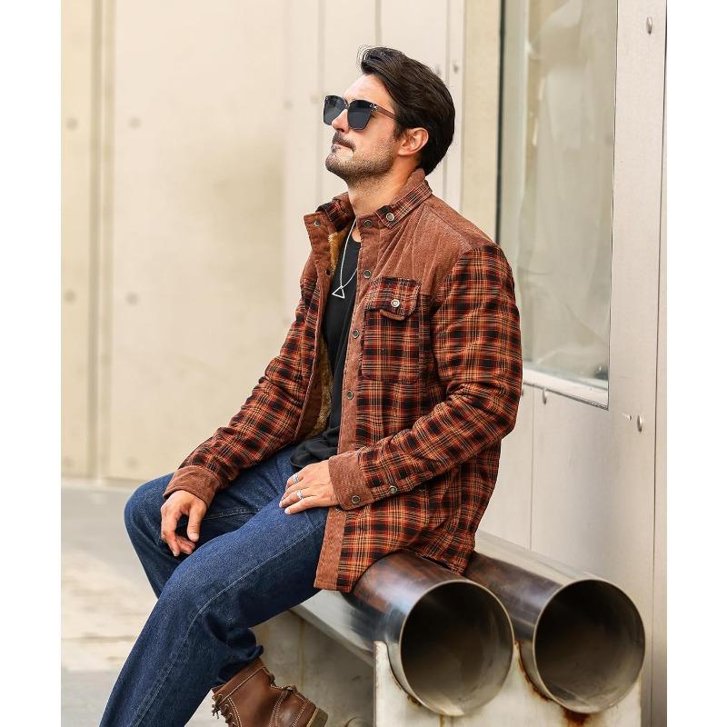 Men's Corduroy Plaid Sherpa Lined Flannel Shirt Jacket Fleece Coat Menswear Tops Long Sleeve Casual