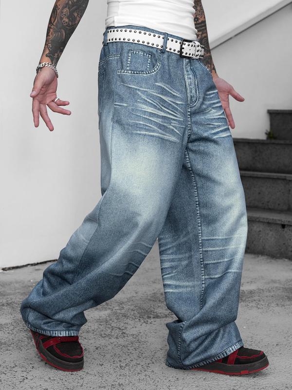 Men's Vintage Print Straight Leg Jeans, Loose Casual Comfy Denim Pants for Daily Wear, Streetwear Men's Trousers for All Seasons