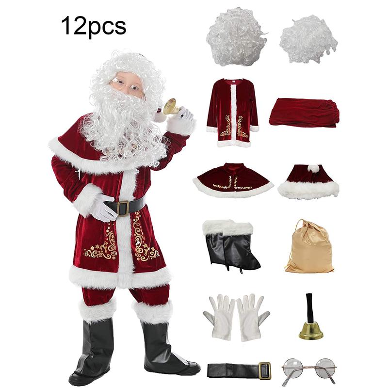 Santa Claus Costume Set, Hat+Shawl+Top Shirt +Loose Pants+Shoes+Gloves+Waist Belt, Deluxe Velvet Adult Kids Santa Suit