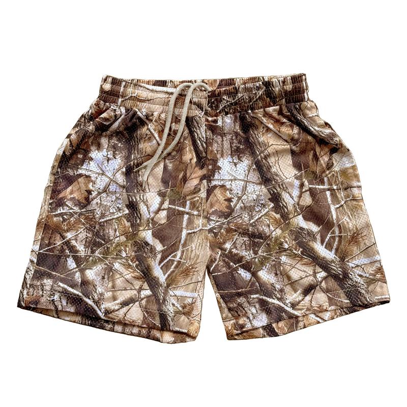 5 Inches Inseam Real Tree Print Camo Shorts Tropical Casual Mesh Chic Fitted Trend Mid Waist Shorts   Y2K Forest Streetwear, Breathable Polyester