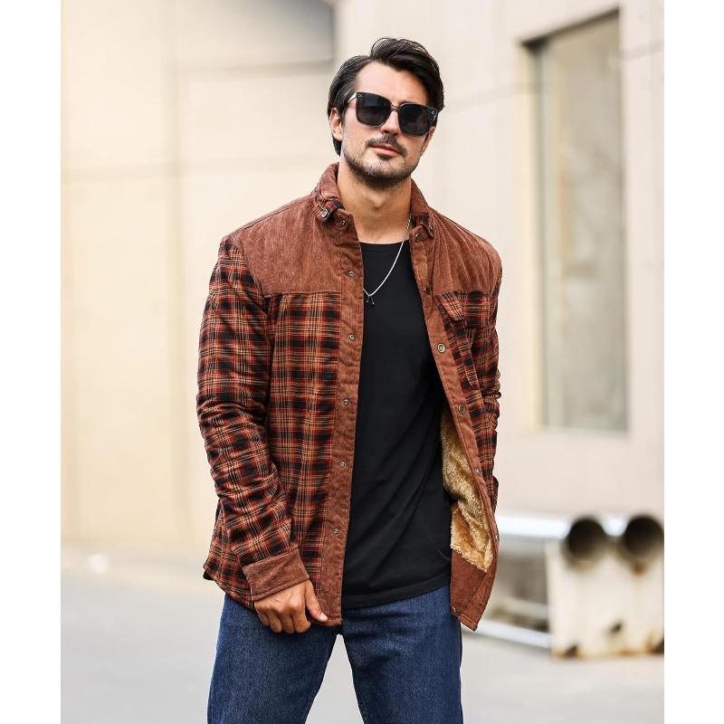 Men's Corduroy Plaid Sherpa Lined Flannel Shirt Jacket Fleece Coat Menswear Tops Long Sleeve Casual