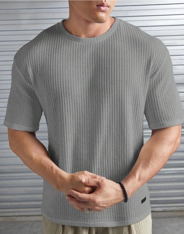 Men Casual Solid Letter Patched Waffle Knit Tee Fabric Menswear Knitwear Stylish Tops