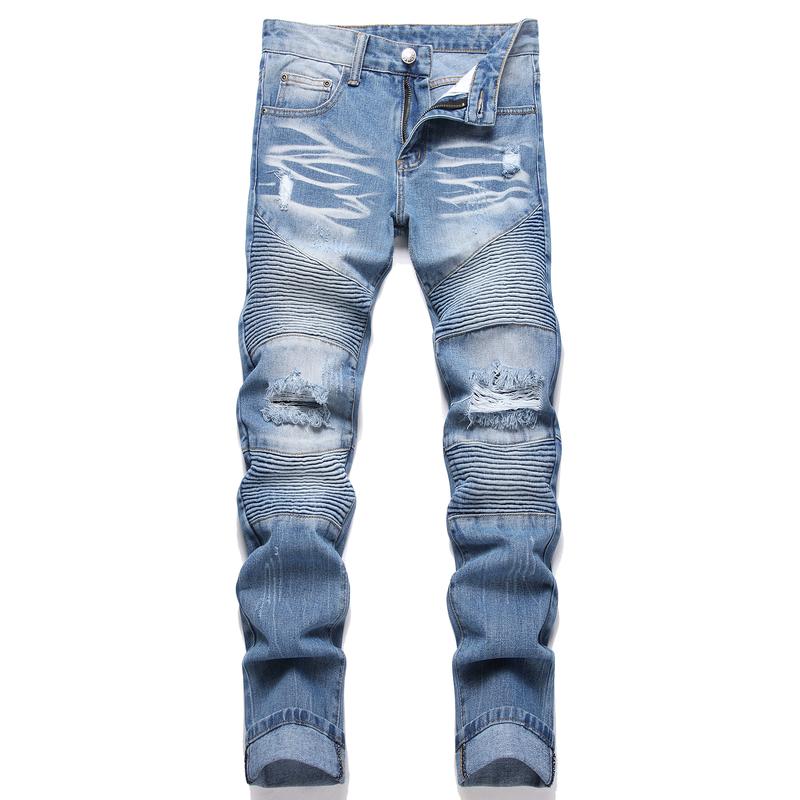 Men Crystal Holes Ripped Patchwork Jeans Streetwear Blue Denim Slim Skinny Pencil Pants Trousers