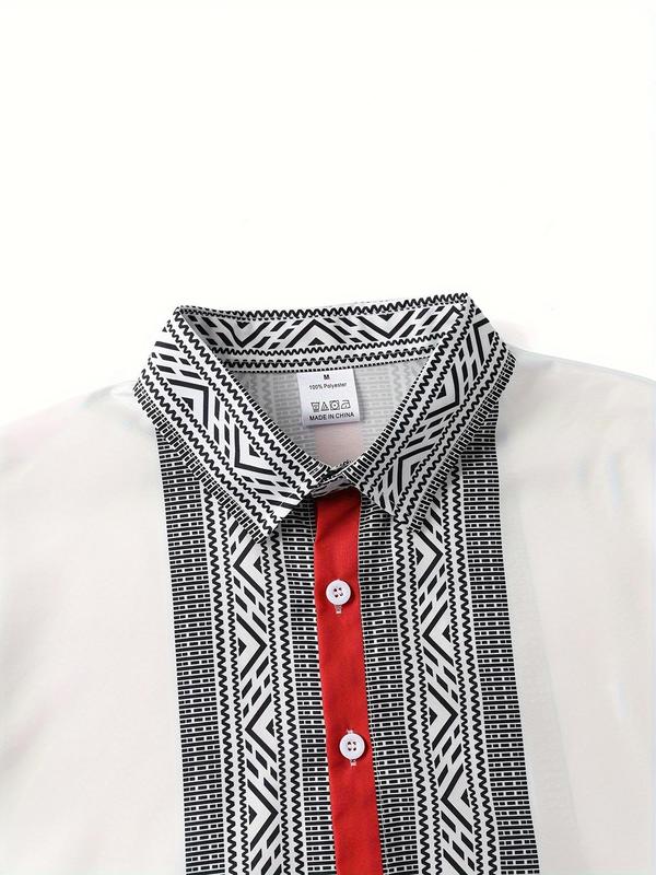 Men's Patchwork Geometric Print Button Front Shirt, Regular Fit Casual Short Sleeve Collar Shirt, Fashion Men's Summer Top for Daily Wear