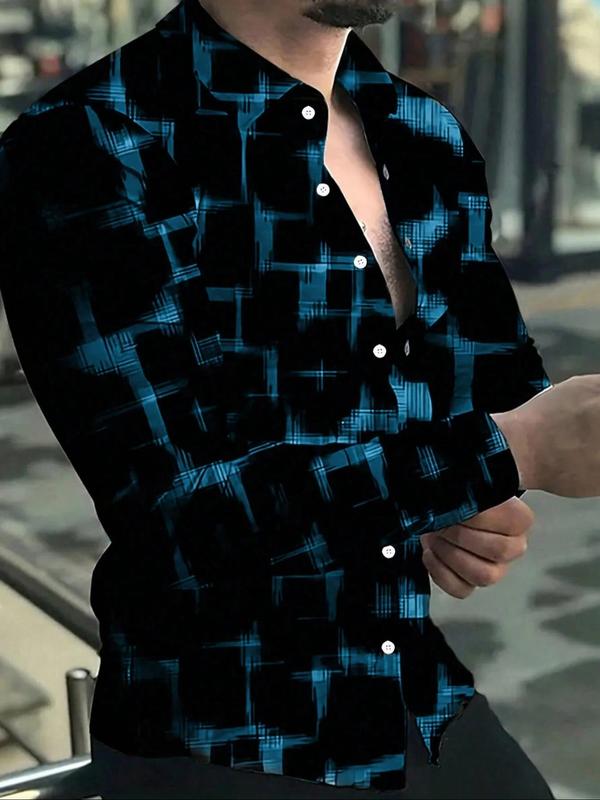 Men's All Over Print Button Front Shirt, Casual Regular Fit Long Sleeve Collared Top for Daily Wear, Fashion Men's Clothes for All Seasons