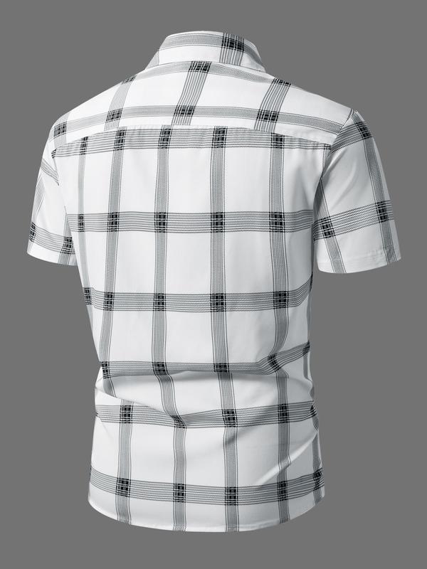 Men's Regular Fit Plaid Print Button Front Shirt, Casual Short Sleeve Collared Top for Summer, Business Work Men's Clothes for Daily Wear