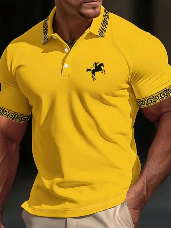 Men's Horse Print Contrast Binding Polo Shirt, Casual Short Sleeve Half Button Top for Summer, Fashion Men's Streetwear Clothes for Daily Wear