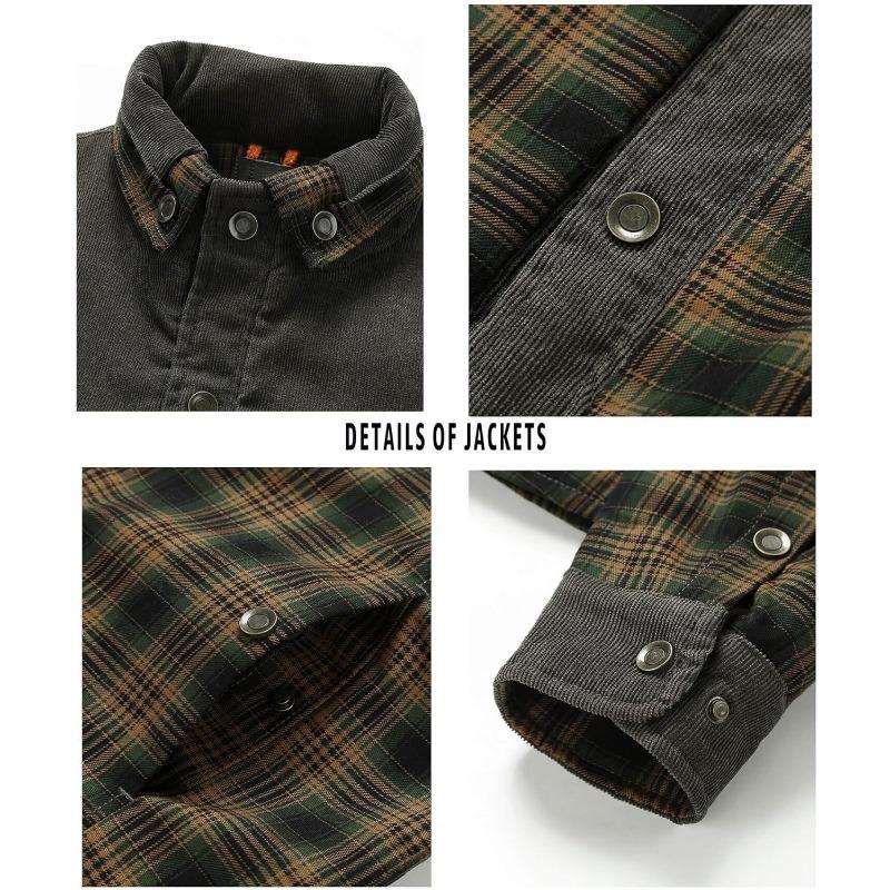 Men's Corduroy Plaid Sherpa Lined Flannel Shirt Jacket Fleece Coat Menswear Tops Long Sleeve Casual